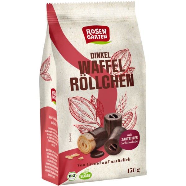 Dinkel Waffel Röllchen mit Zartbitterschokolade Bio, 150g - Rosengarten