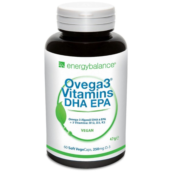 Ovega3 Vitamine Algenöl DHA & EPA 250mg + B12, D3, K2, 60 VegeCaps - Energybalance